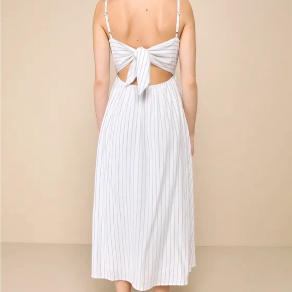 Lulus White Striped Tie-Back Midi Dress with Pockets maternity friendly size L - Picture 3 of 10